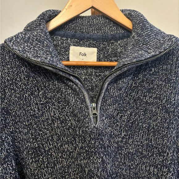 Folk Mens Size 4 (Large) Blue 100% Cotton Knit Quarter Zip Sweater - Picture 3 of 7